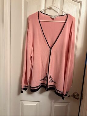 Light Pink Open Cardigan with Black Embroidered Trim